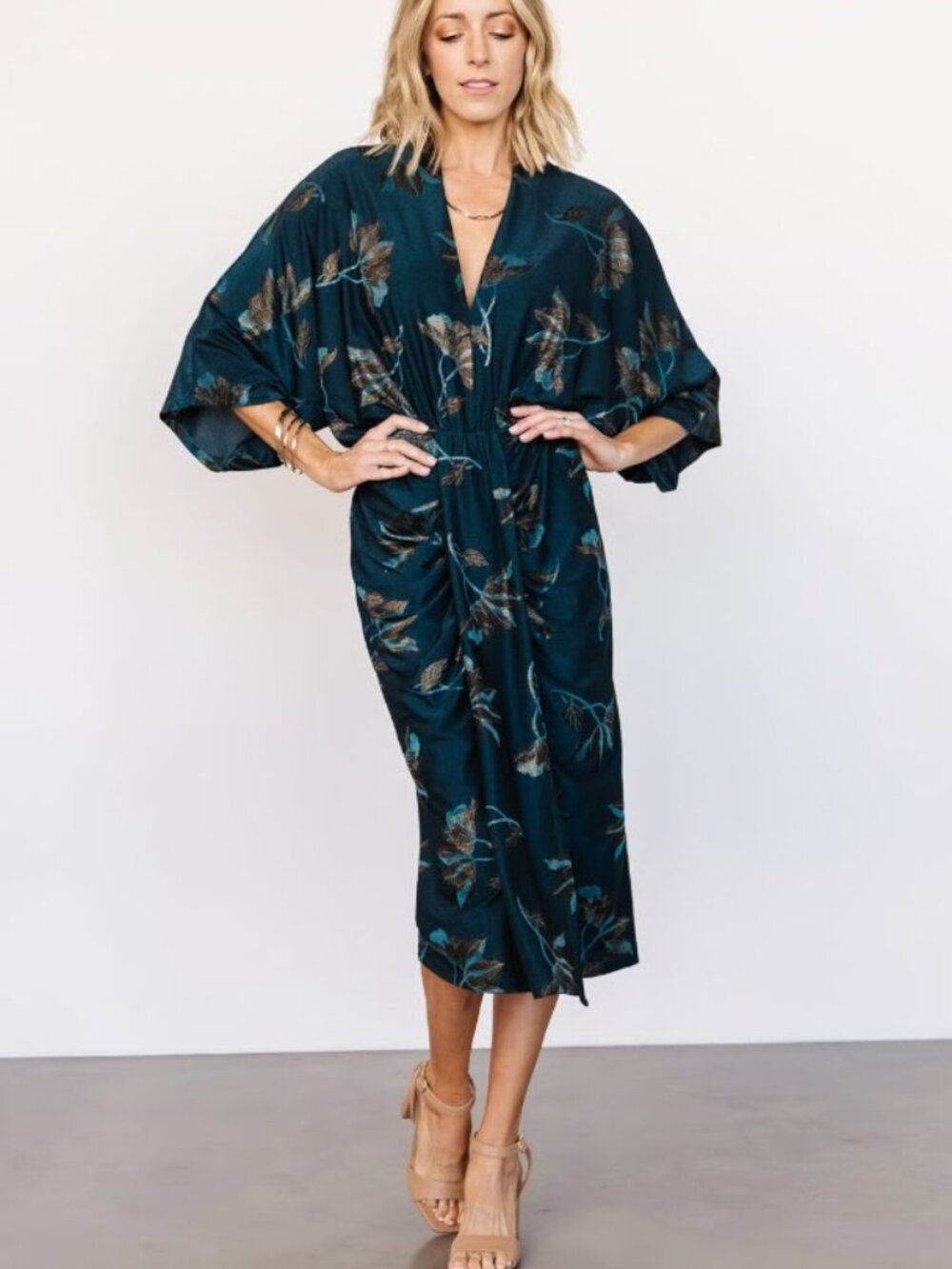 Baltic Born Teal Floral Midi Dress with Gold Leaf Print
